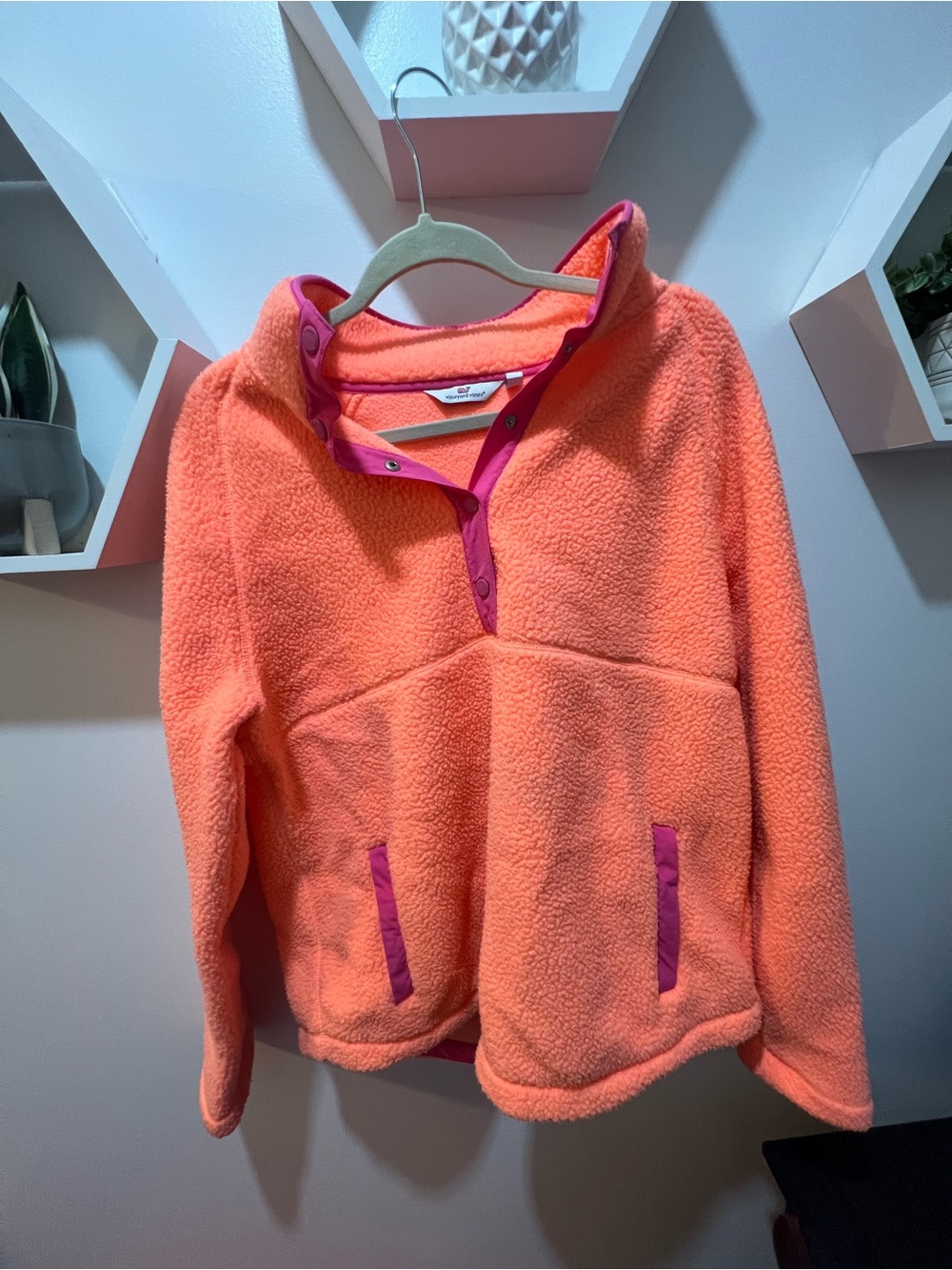 Vineyard Vines womens Coral Orange Snap-Placket Fleece Pullover